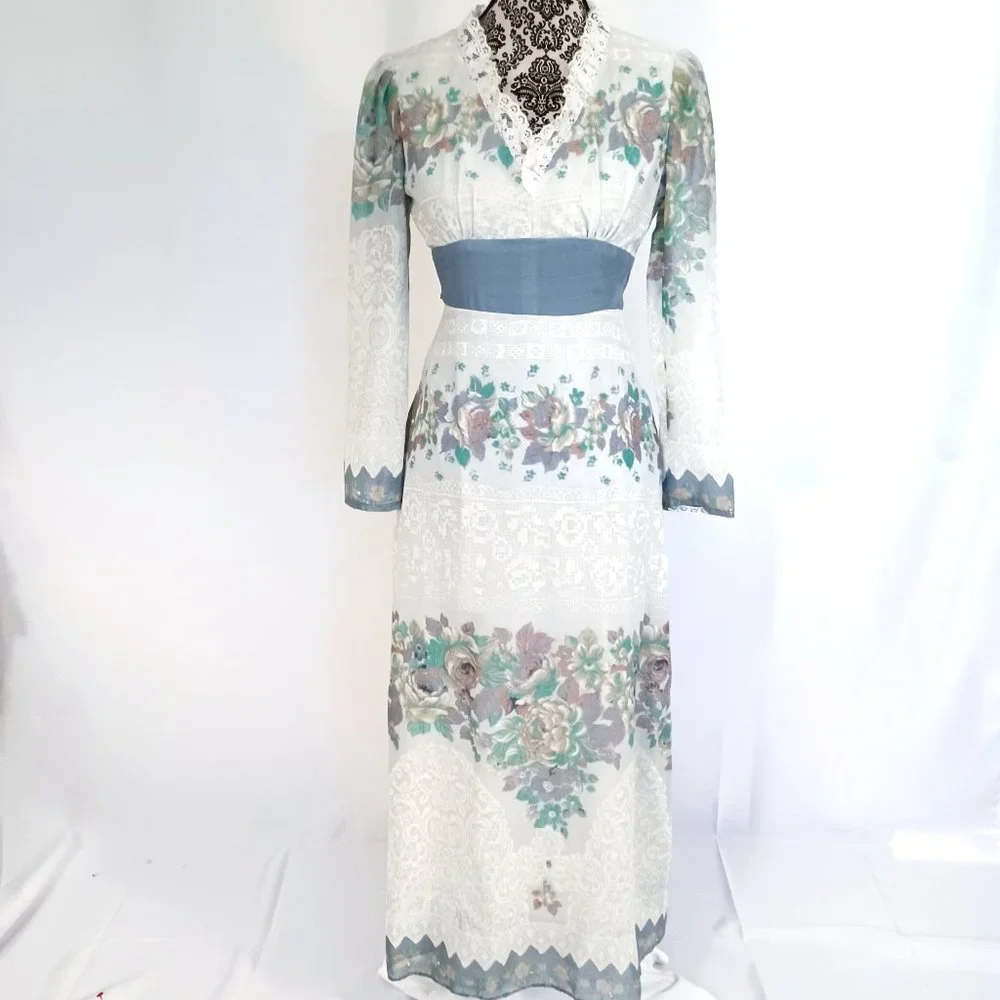 VINTAGE 70's Floral Voile LS High Waist Cottagecore Prairie Maxi Dress XS - Picture 2 of 5